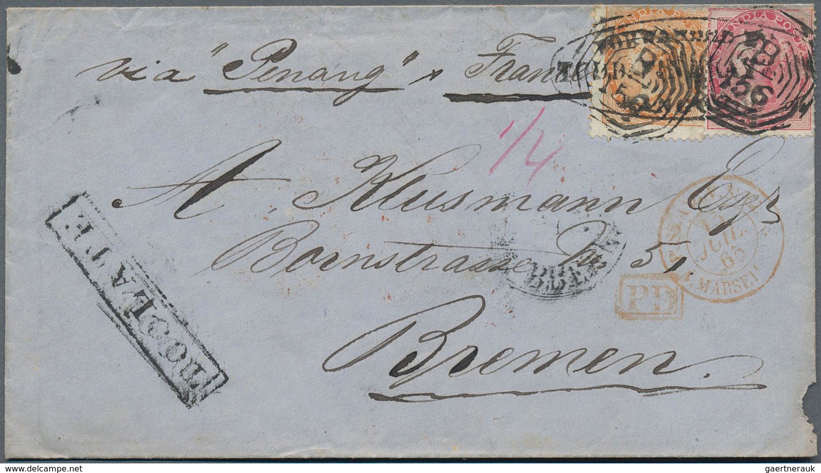 Indien - Used Abroad: BURMA 1865: Forwarded Cover (small Faults) From RANGOON To Bremen, Germany "vi - Other & Unclassified