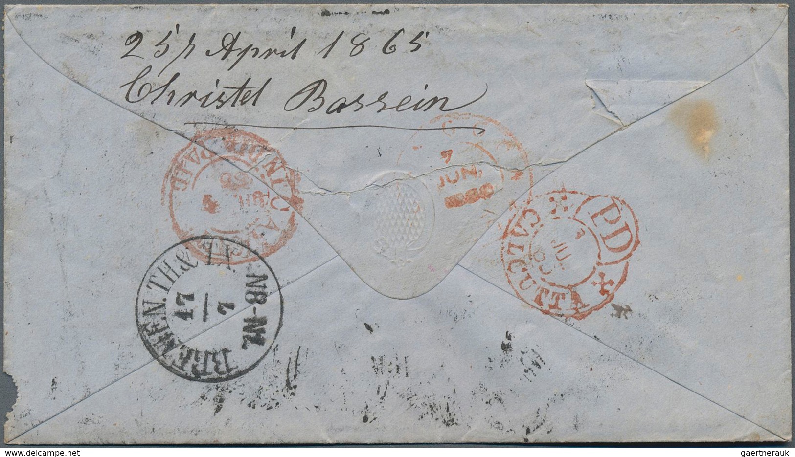 Indien - Used Abroad: BURMA 1865: Forwarded Cover (small Faults) From RANGOON To Bremen, Germany "vi - Other & Unclassified