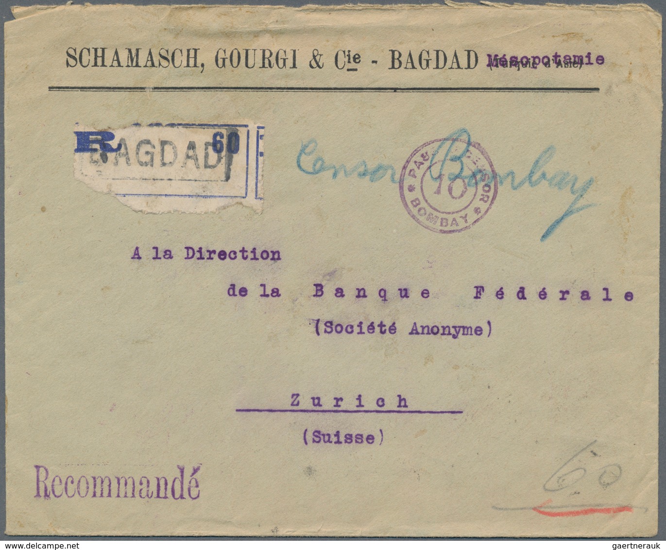 Indien - Feldpost: 1918 Registered And Censored Cover From Baghdad To Zurich, Switzerland Franked On - Military Service Stamp