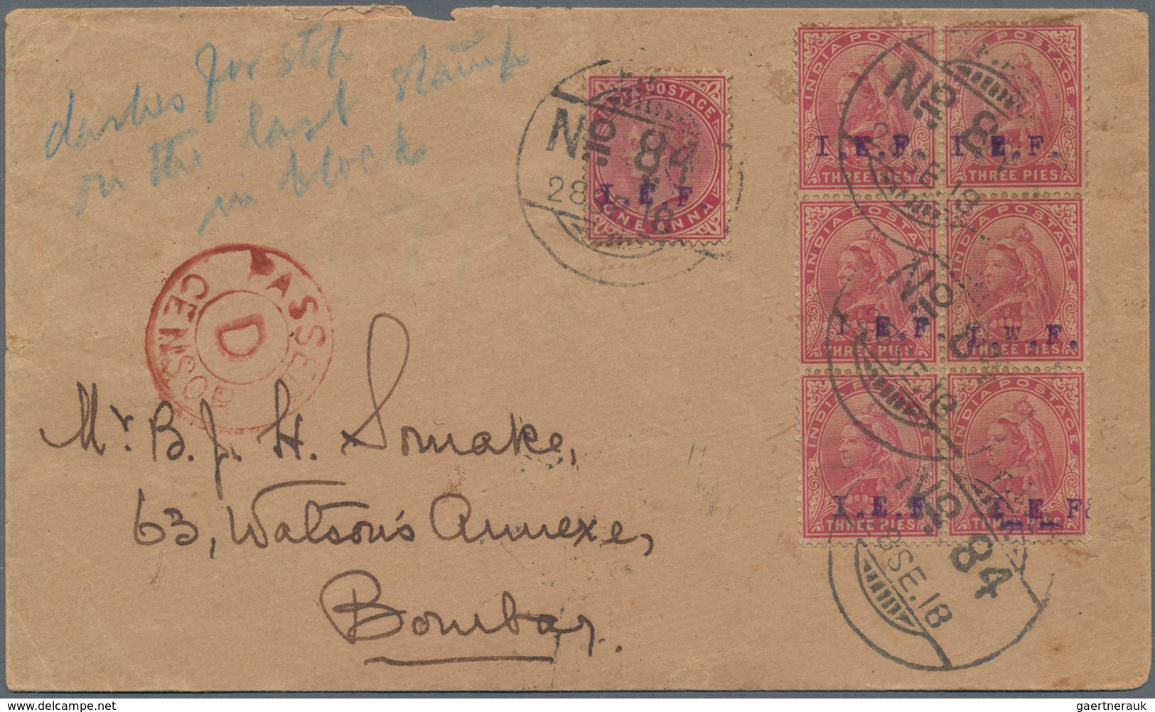 Indien - Feldpost: 1918 I.E.F.: Cover From The Indian F.P.O. 84 In Nasiriya, IRAQ To Bombay, Franked - Military Service Stamp