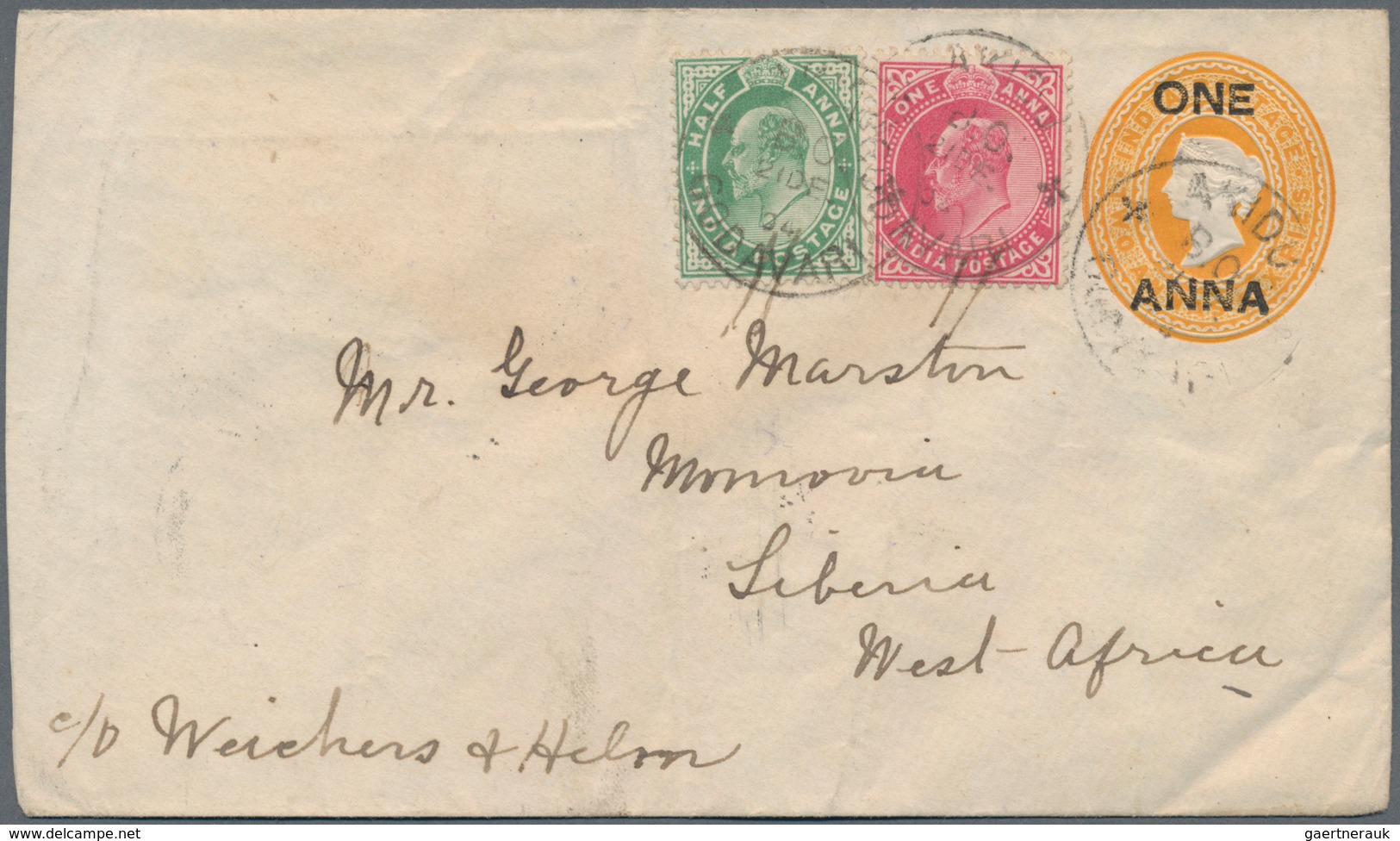 Indien - Ganzsachen: 1904 Destination LIBERIA: Postal Stationery Envelopes 1a. On 2a6p., Uprated KEV - Unclassified