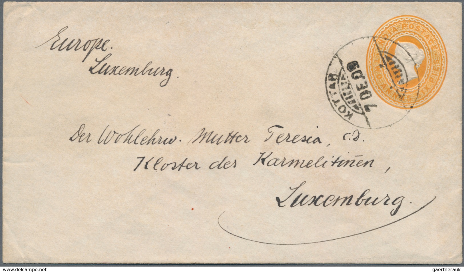 Indien - Ganzsachen: 1909 Destination LUXEMBURG: Postal Stationery Envelopes 2a6p. Used From Kottar - Zonder Classificatie