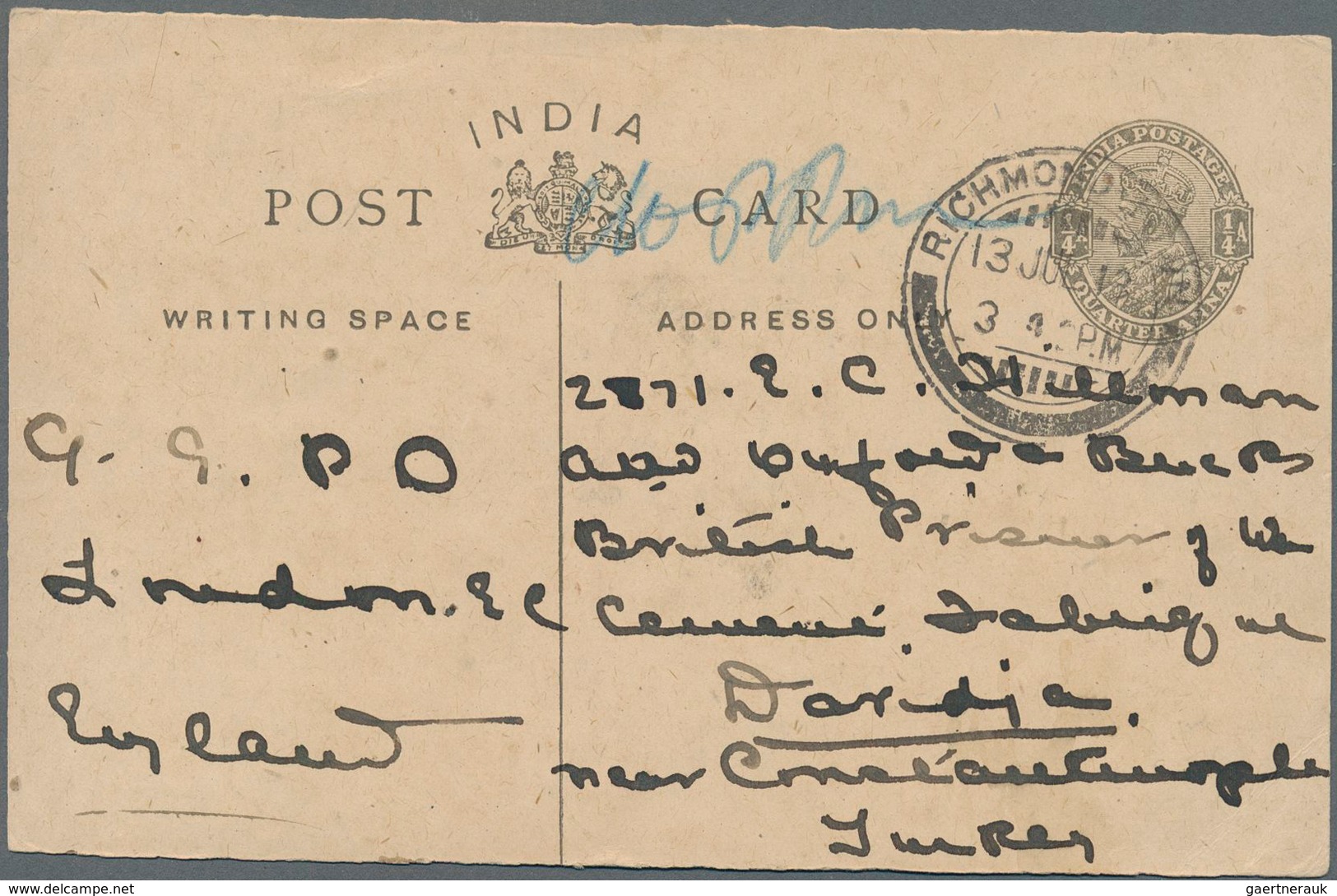 Indien - Ganzsachen: 1918 Postal Stationery Card KGV. ¼a. Grey, The Scarce Issue With Less Curved "I - Unclassified