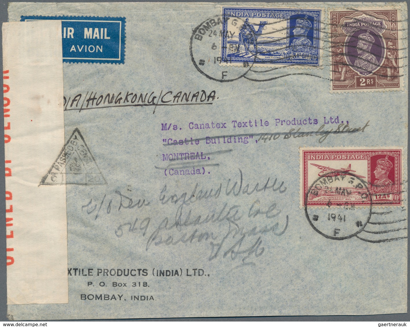 Indien - Ganzsachen: 1941 Two Censored Airmail Covers From Bombay To Montreal, Canada Via Hong Kong - Zonder Classificatie