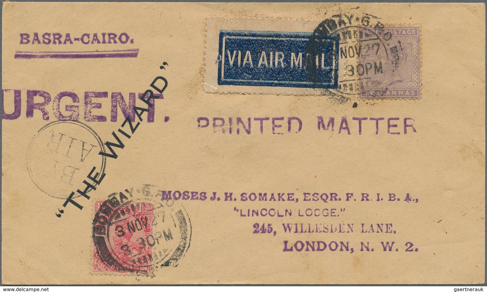Indien - Flugpost: 1927, Two Early Flight Covers: 1) Printed Matter Flown From BOMBAY "3 11 27" To L - Airmail