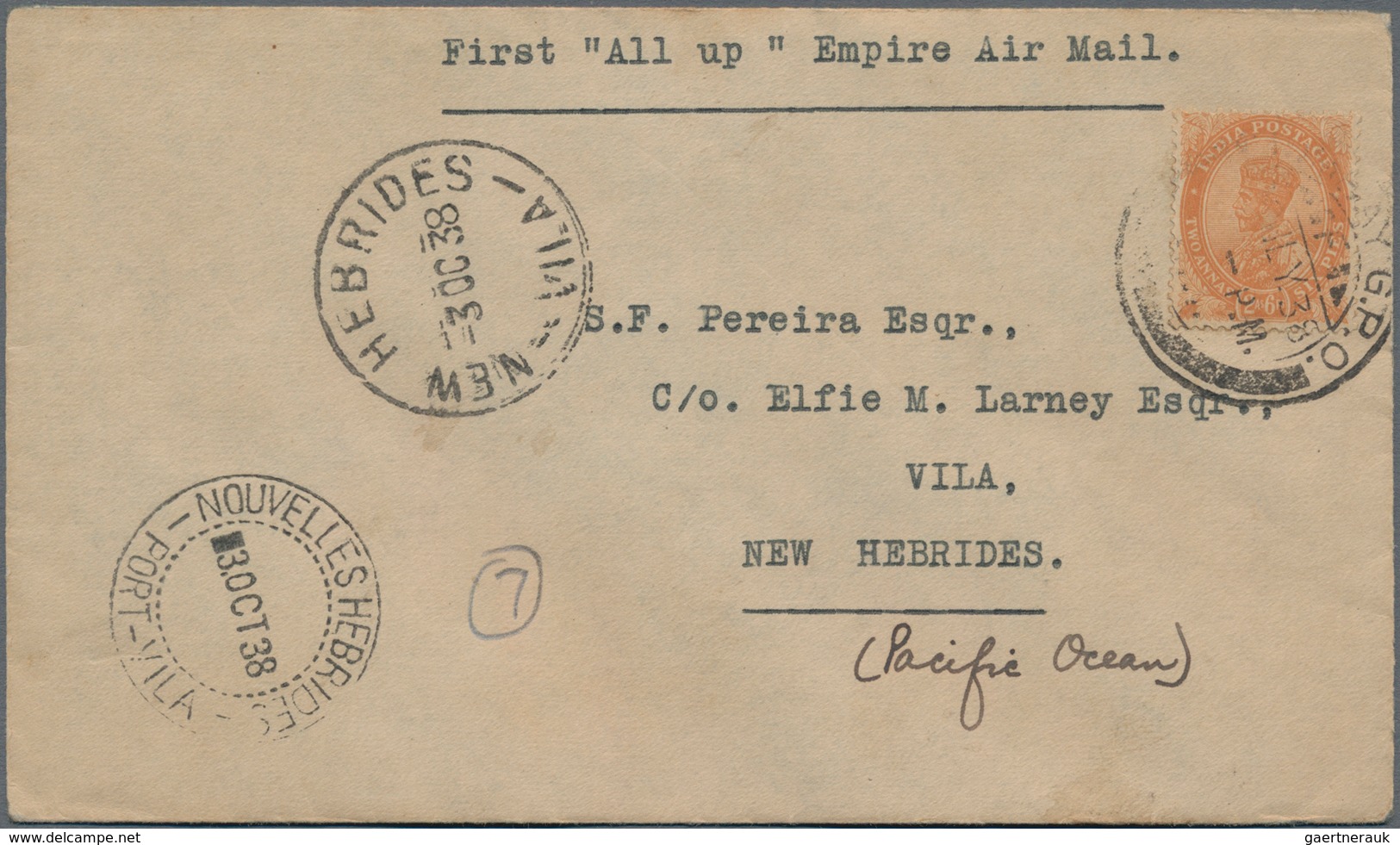 Indien - Flugpost: 1938 (July) INDIA - NEW HEBRIDES First Flight "All Up" Empire Airmail Cover, Fran - Airmail