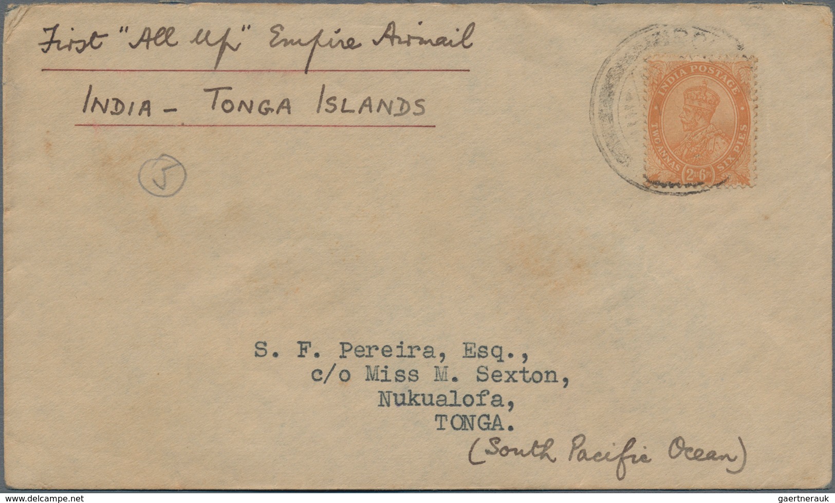 Indien - Flugpost: 1938 (July) INDIA - TONGA ISLANDS First Flight "All Up" Empire Airmail Cover, Fra - Airmail