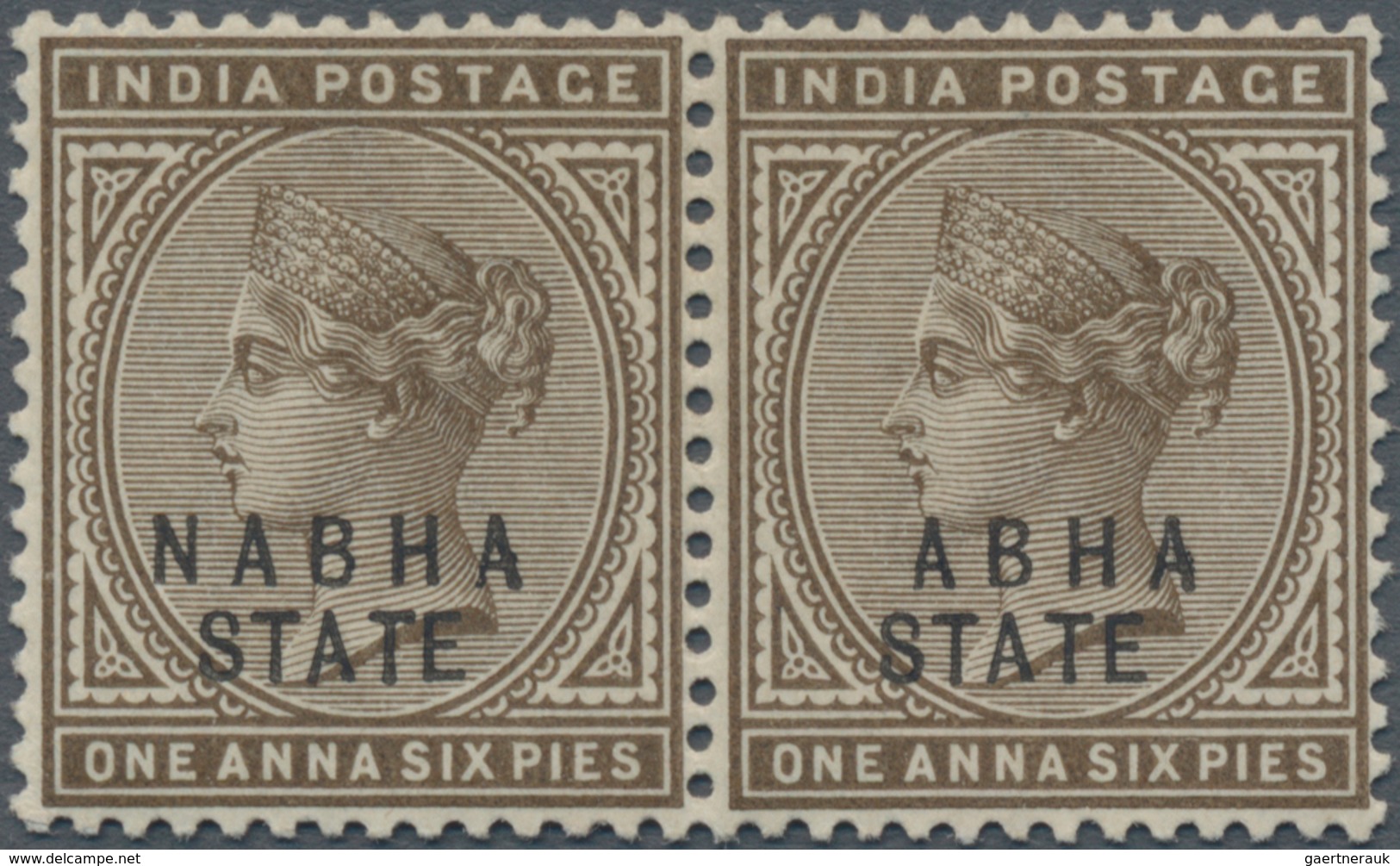 Indien - Konventionalstaaten: NABHA 1891: QV 1a6p. Sepia Horizontal Pair, Right-hand Stamp With Ovpt - Andere & Zonder Classificatie