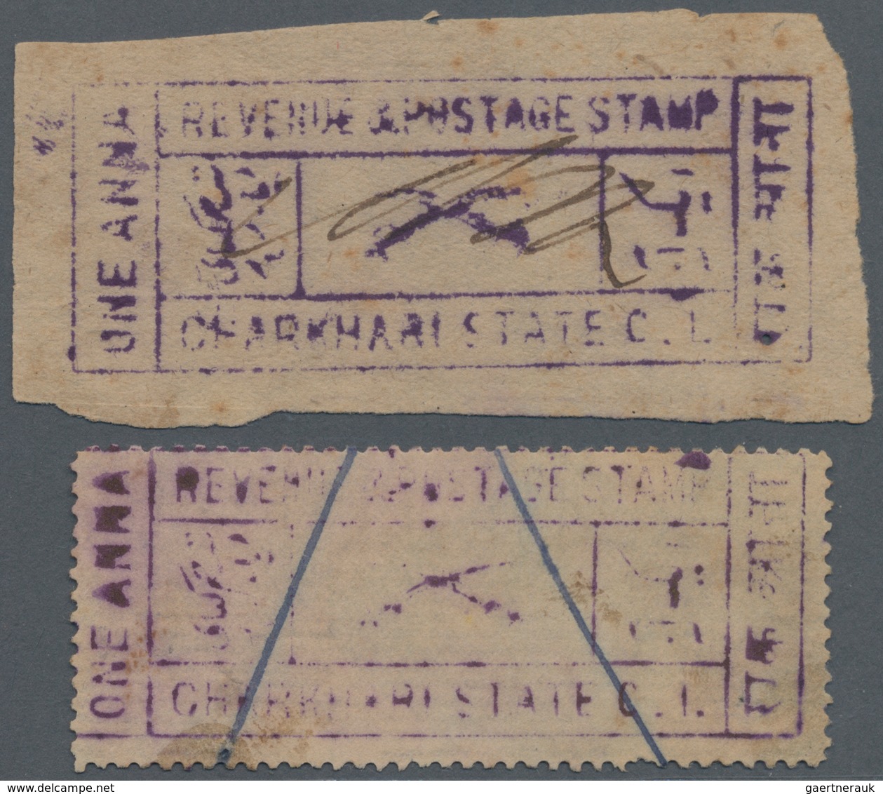 Indien - Feudalstaaten: CHARKHARI 1921: The Two Handstamped Stamps 1a. Violet, One Imperf On Wove Pa - Other & Unclassified