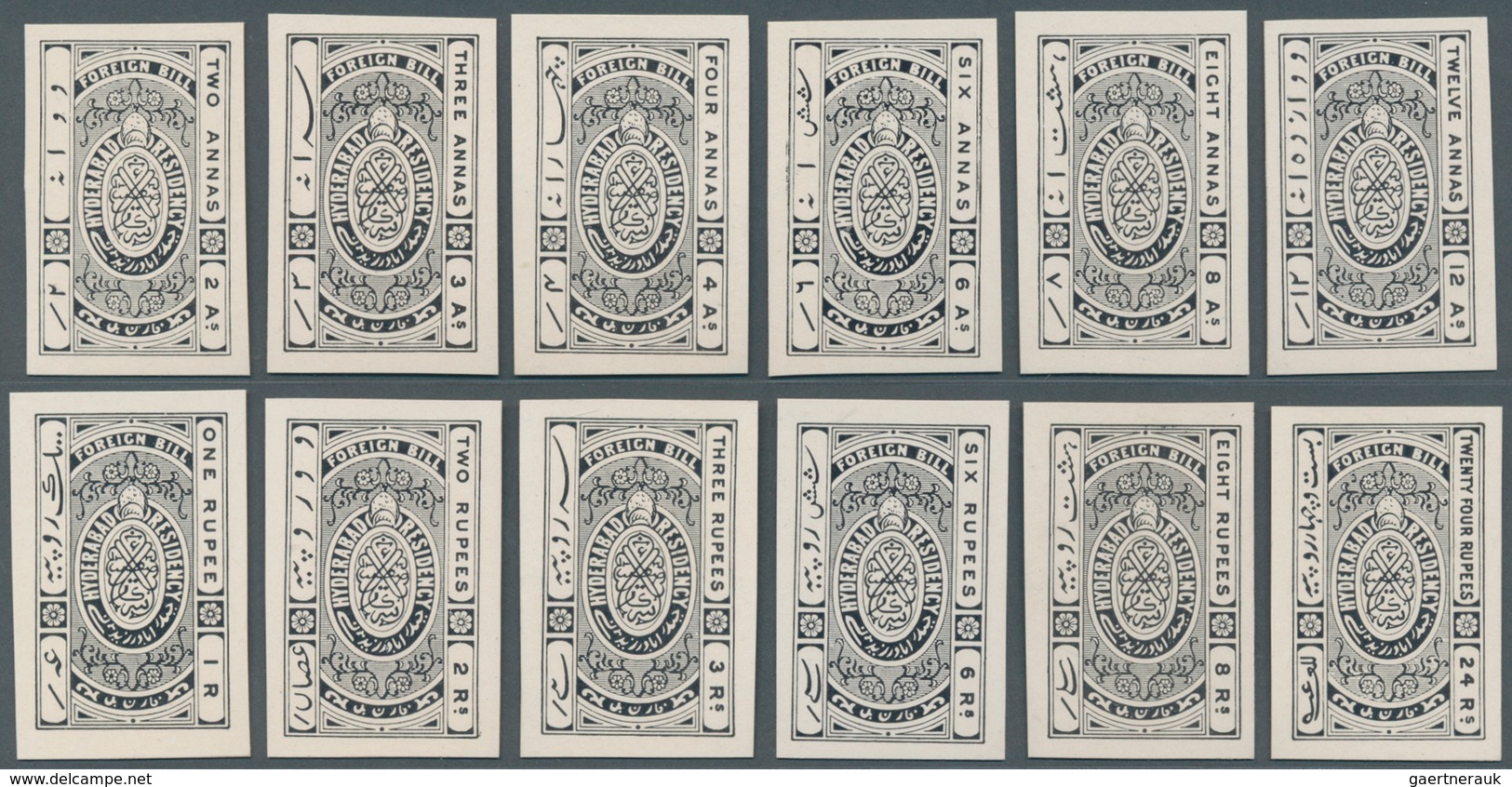 Indien - Feudalstaaten: HYDERABAD-Fiscals 1913: Foreign Bill Complete Set Of 12 Up To 24r. As Imperf - Other & Unclassified