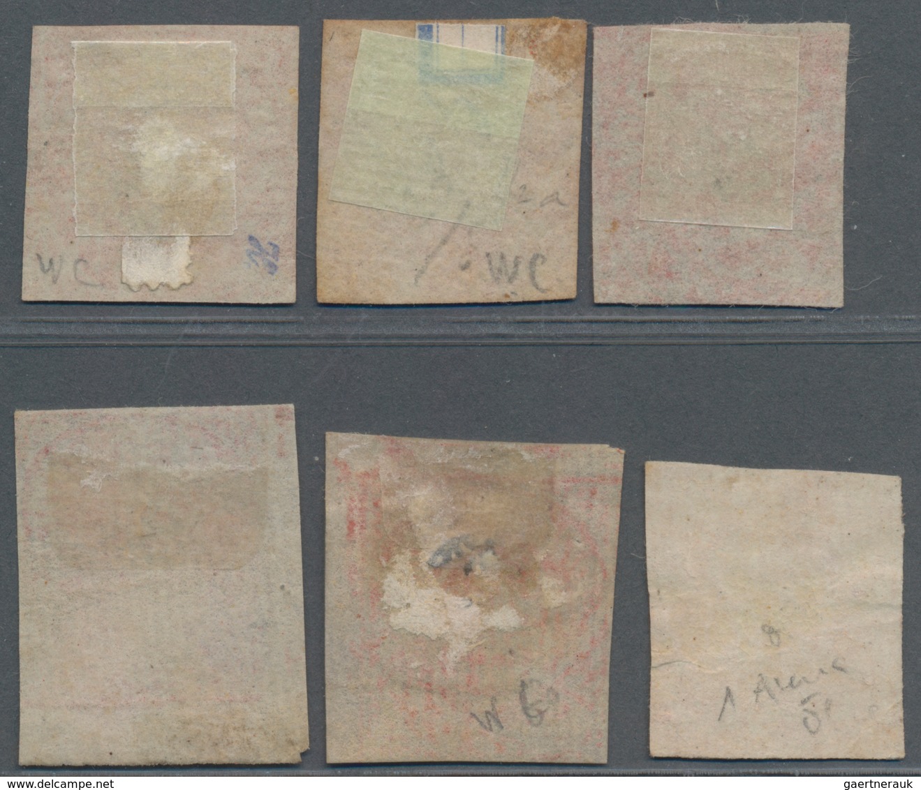 Indien - Feudalstaaten: JAMMU & KASHMIR 1868/77: Six Singles Of ½a. Red And 1a. Red In Water Colour - Other & Unclassified