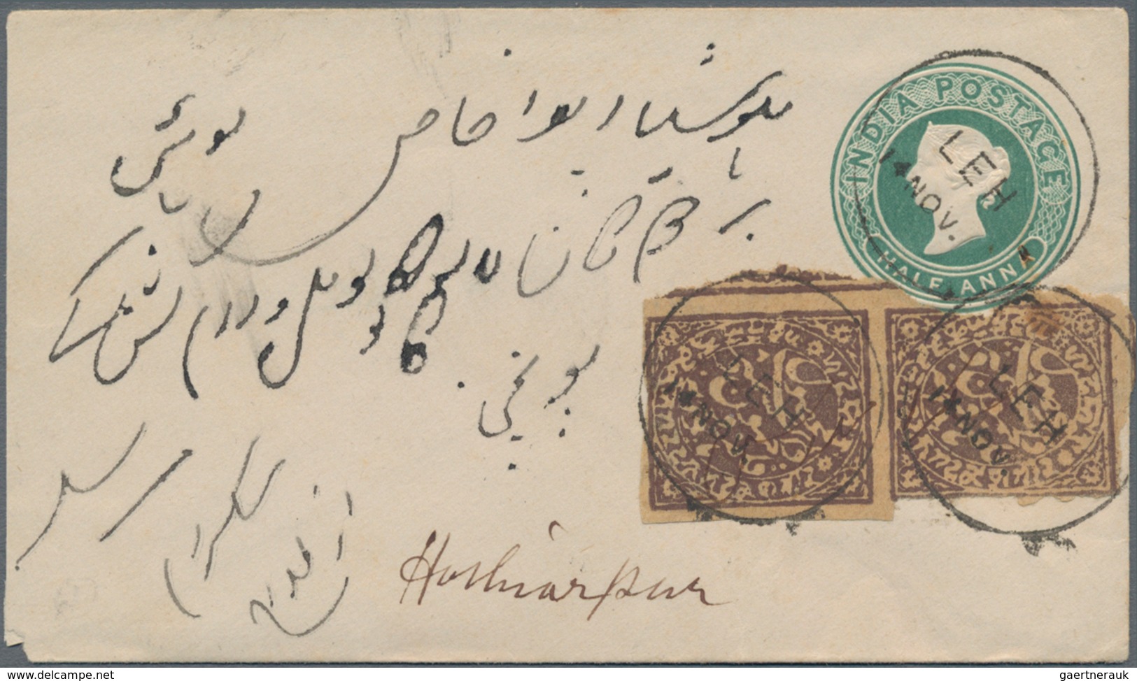 Indien - Feudalstaaten: 1888, JAMMU AND KASHMIR; Indian 1/2 Anna Stationery Envelope Uprated With Ve - Otros & Sin Clasificación