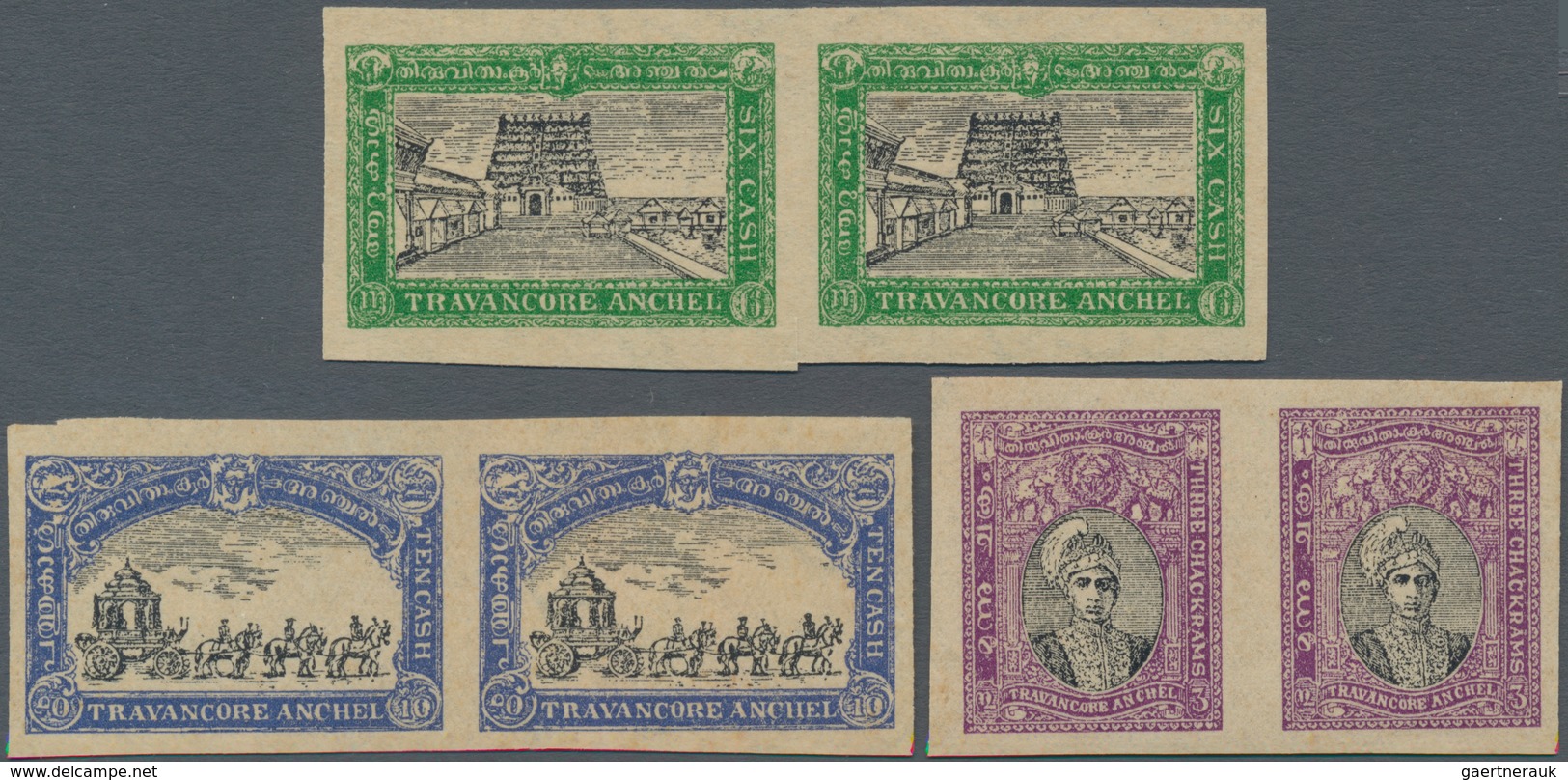 Indien - Feudalstaaten: TRAVANCORE 1931 Coronation: Set Of Three Imperf Plate Proof Pairs In Issued - Other & Unclassified