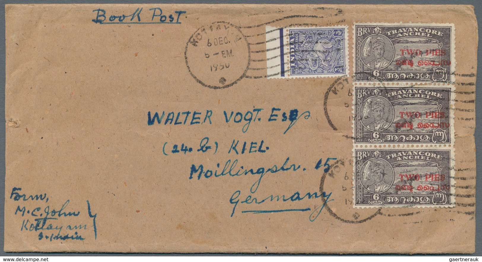 Indien - Feudalstaaten: TRAVANCORE-COCHIN 1949 2p. On 6ca. Blackish Violet Vertical Strip Of Three, - Other & Unclassified