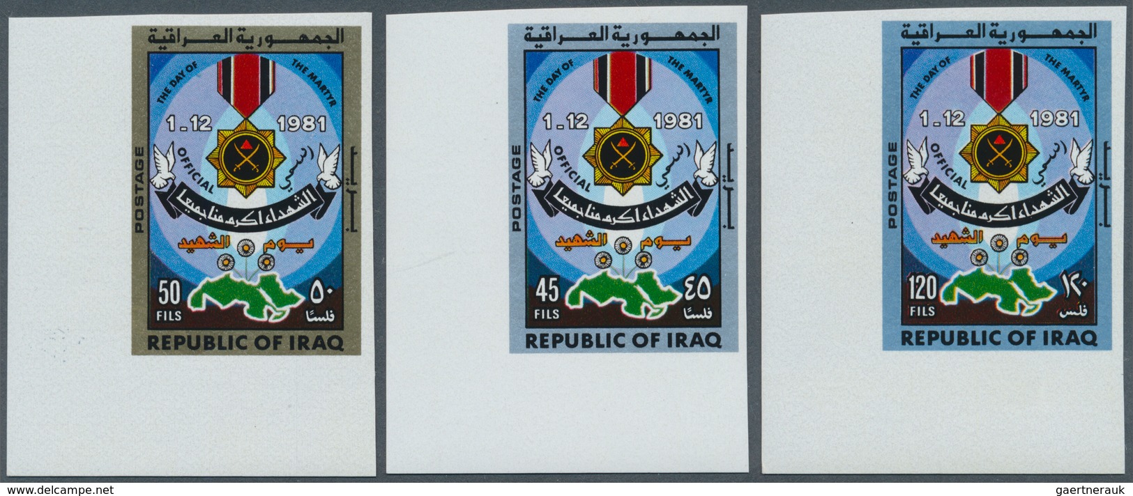 Irak: 1981, Lot Of 2 Complete IMPERFORATED Sets "Martyrs' Day": The First Set Containing The Postage - Irak