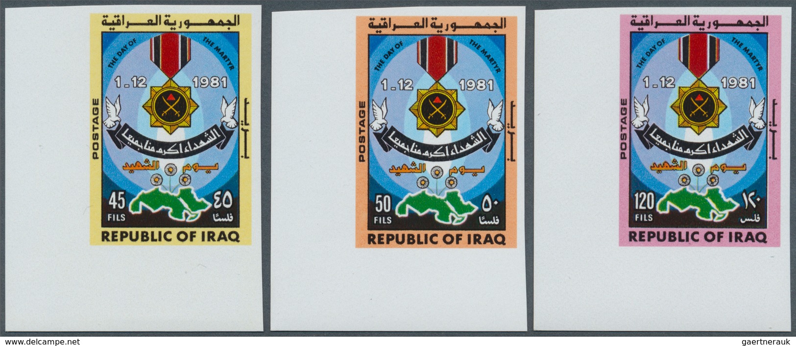 Irak: 1981, Lot Of 2 Complete IMPERFORATED Sets "Martyrs' Day": The First Set Containing The Postage - Irak