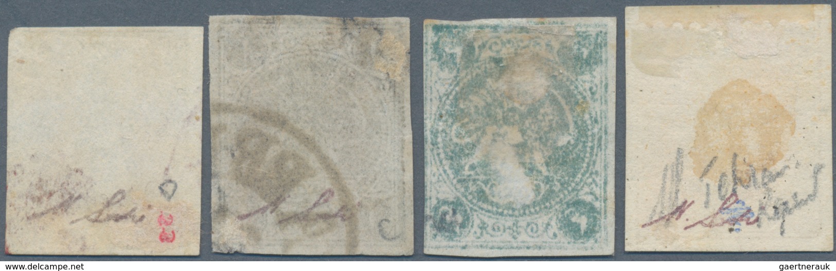 Iran: 1868-75, Four Stamps Lions Issues Mint And Used, 4 Ch. Greenish Blue On Pellure Paper, Three S - Iran