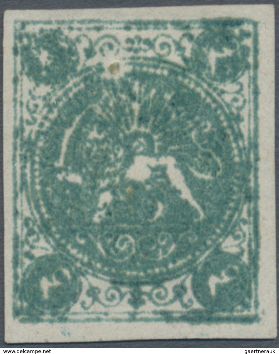 Iran: 1870, Baqeri Issue, 4ch. Bluish Green, Type II On Thin Paper, Natural Enclosure, Unused No Gum - Iran