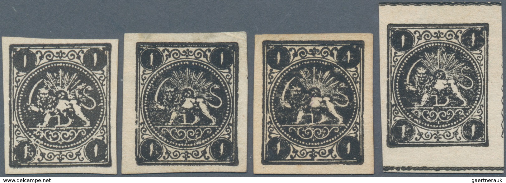 Iran: 1875, Lion Issue 1 Ch. Black Four Official Reprints, Full Setting Of Four Stamps, All Full To - Iran