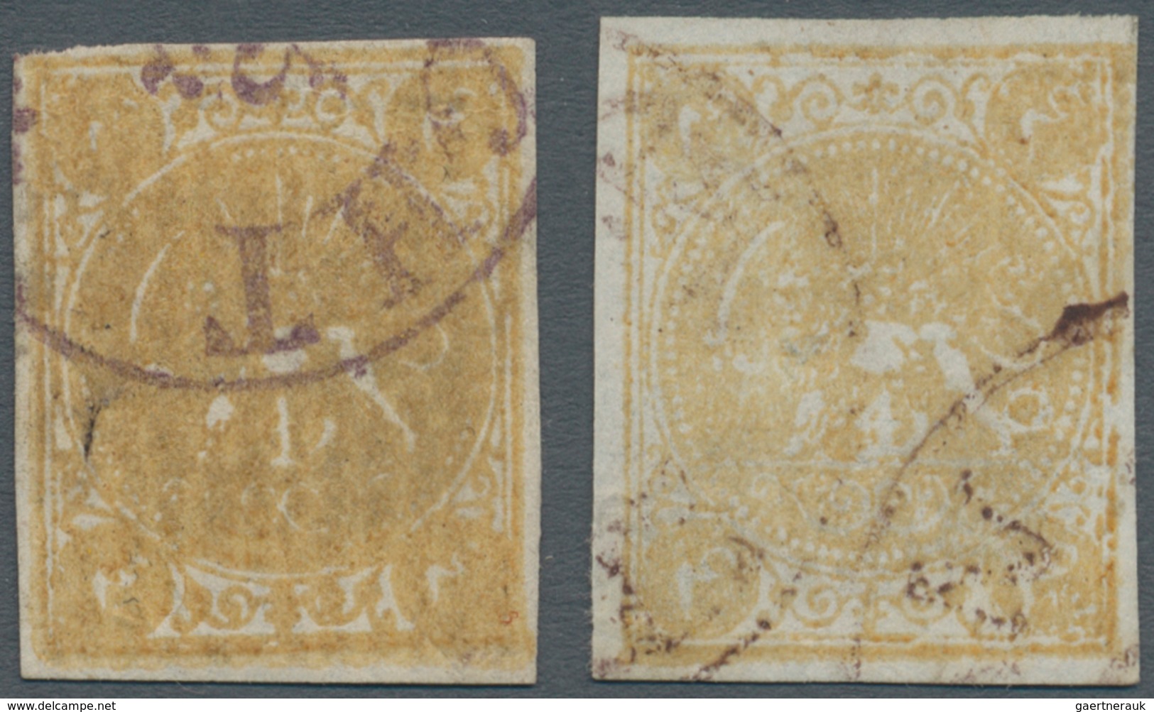 Iran: 1876, Lion Issue 4 Kr. Yellow, Two Used Stamps, Type A & B, Good Margins, Fine Pair - Iran
