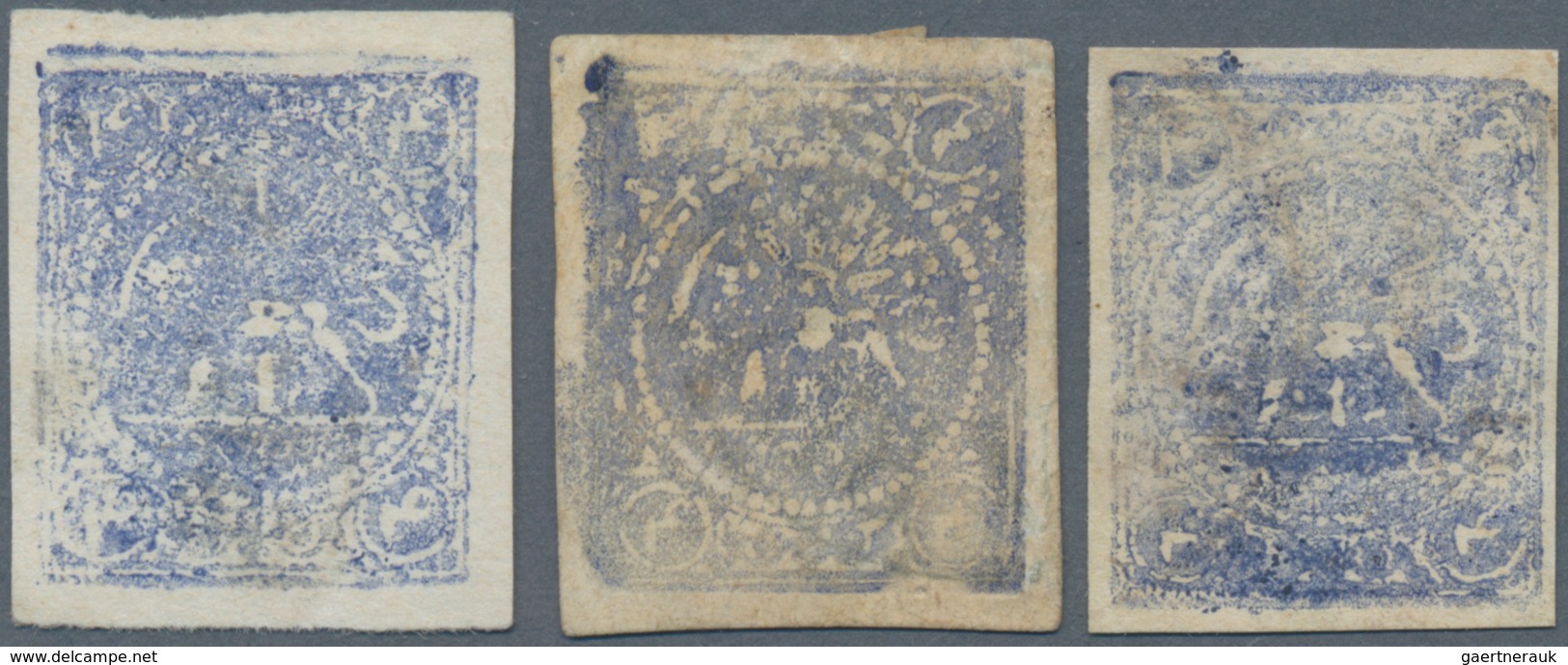 Iran: 1878, Re-engraved Lion Issue 4 Kr. Blue, All Three Types, Fine Mint No Gum, All Small Thins, W - Iran