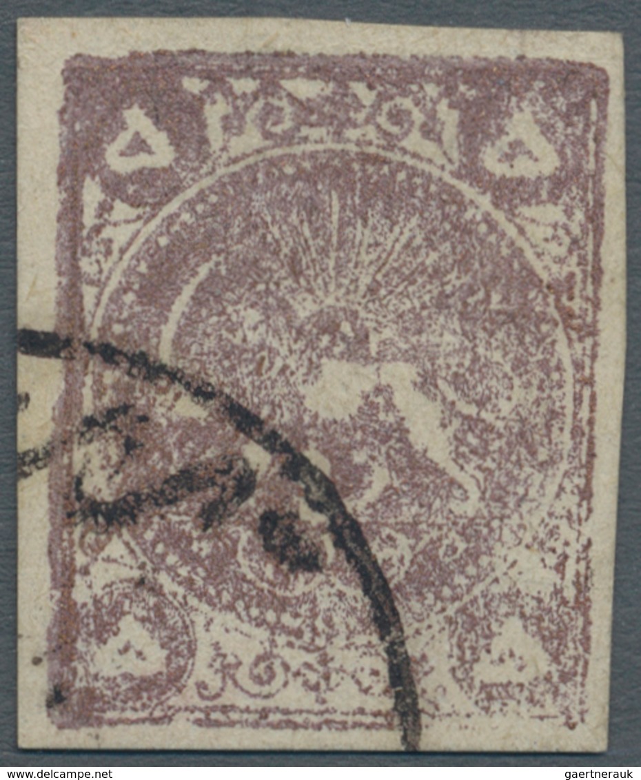 Iran: 1878, Re-engraved Lion Issue 5 Kr. Purple Bronze, Type D, Tied By "TABRIZ" Cds., Wide Margins - Iran