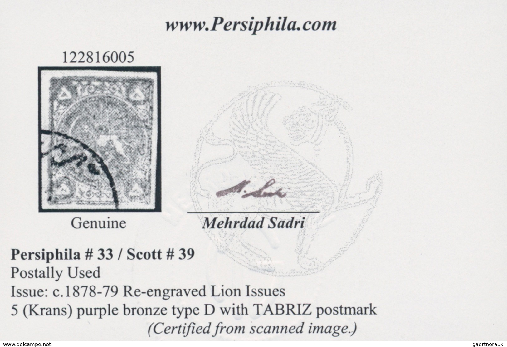 Iran: 1878, Re-engraved Lion Issue 5 Kr. Purple Bronze, Type D, Tied By "TABRIZ" Cds., Wide Margins - Iran