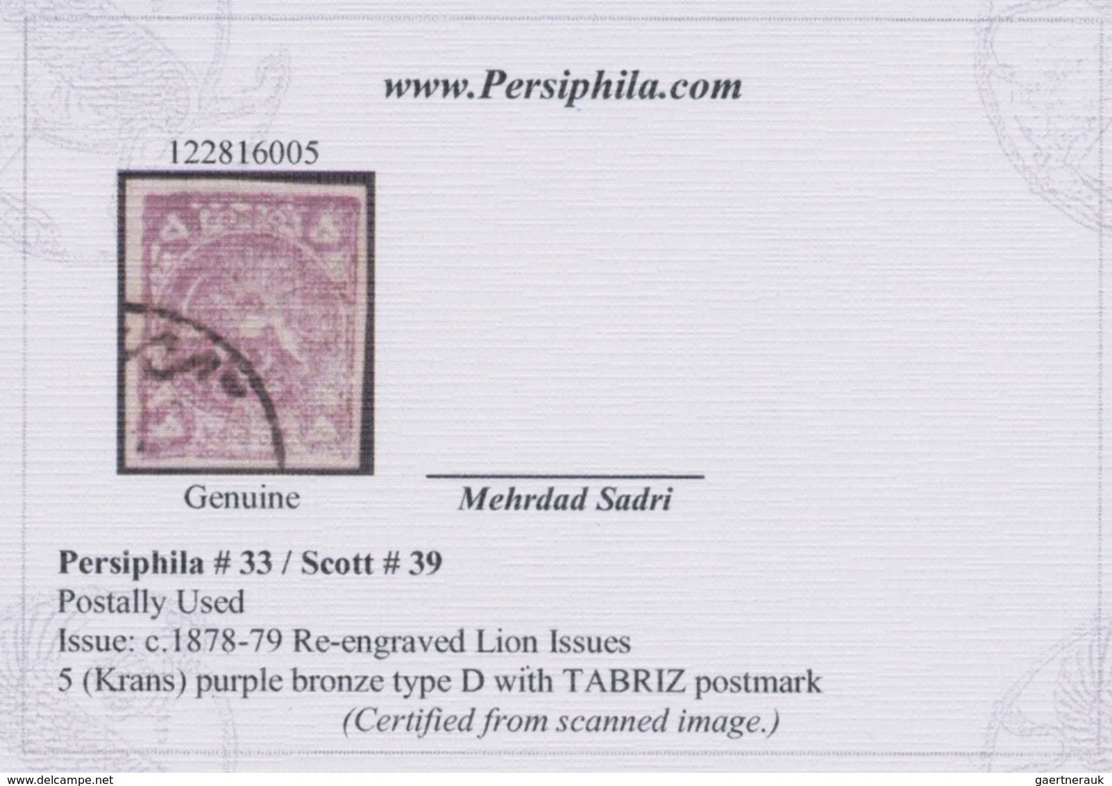 Iran: 1878, Re-engraved Lion Issue 5 Kr. Purple Bronze, Type D, Tied By "TABRIZ" Cds., Wide Margins - Iran