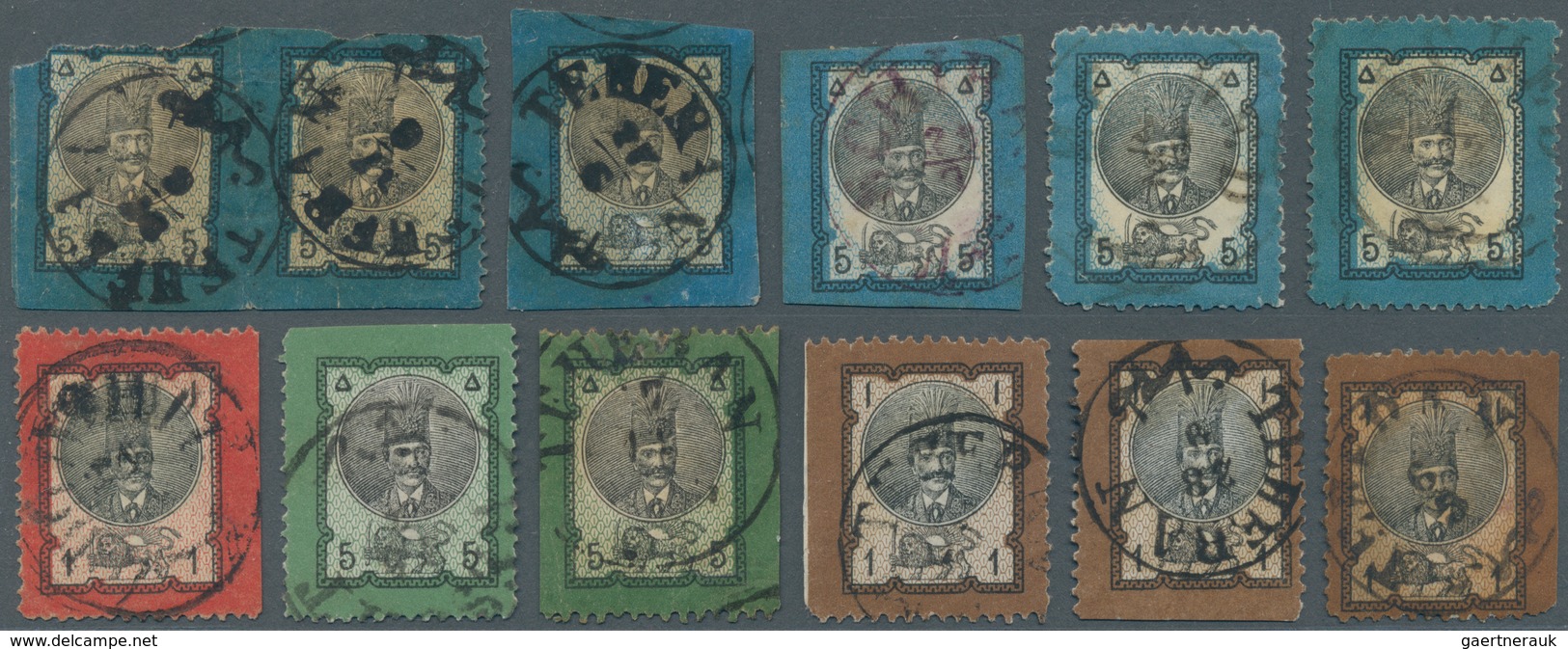 Iran: 1879-80, Nasser Ed-Din Shah Part Imperf Pair And Ten Single Stamps Showing Varieties, 5 K. Blu - Iran