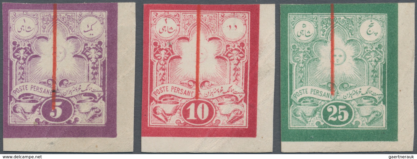 Iran: 1882, Sun Issue Complete Set Of Three Imperf Values With Vertical Red "SPECIMEN" Line, Each Ri - Iran