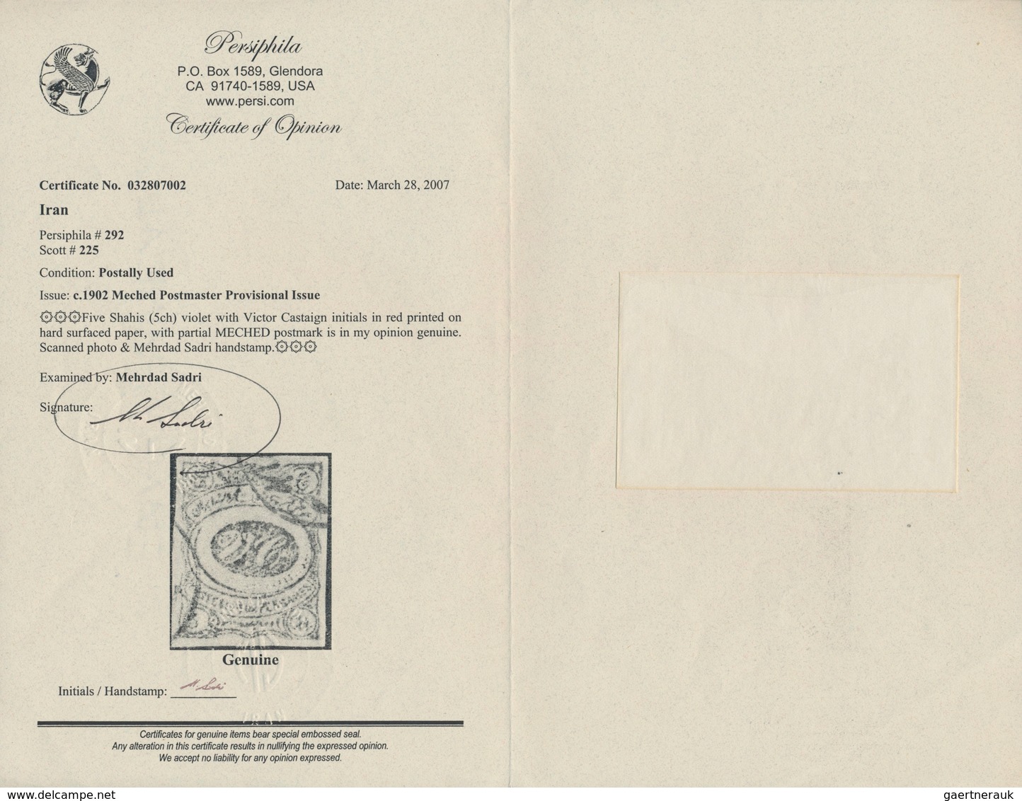 Iran: 1902, MECHED PROVISIONAL ISSUES : Seven Used Stamps With Five Certificates, (Pers.290, 291, 29 - Iran