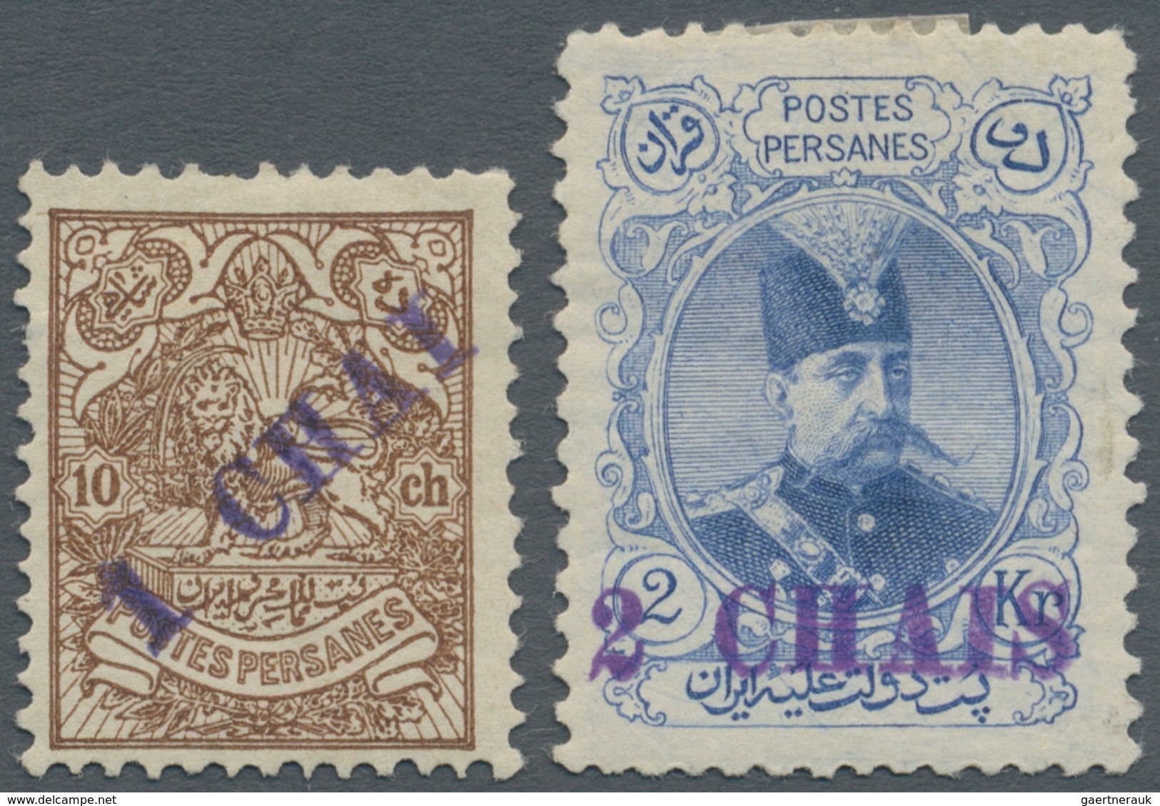 Iran: 1906, Two Overprinted Stamps 1 Ch. On 10 Ch. Brown And 2 Ch. On 2 Kr. Ultramarine Mint Hinged, - Iran