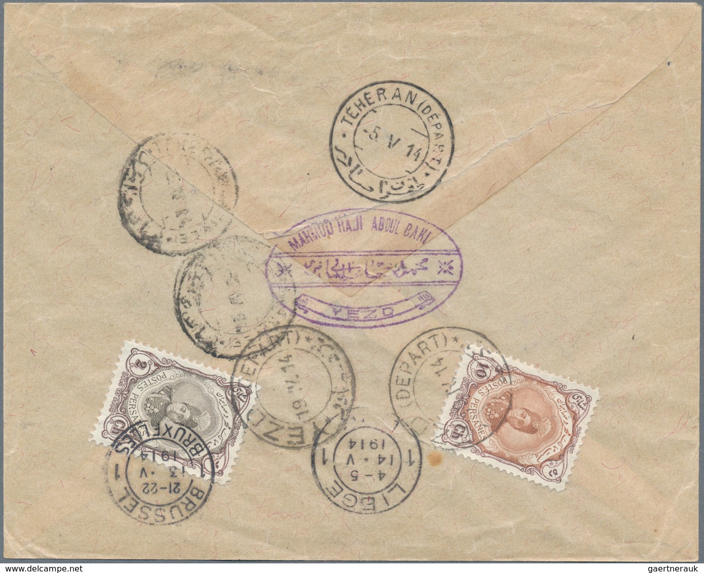 Iran: 1914 Ca., Covers Bearing Shah Ahmed Ghadzar 10 Ch. Violet Brown Color Error Stamp And On Cover - Irán