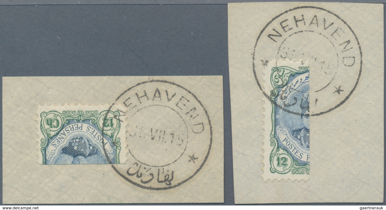 Iran: 1915, Shah Ahmed Ghadzar Issue 12 Ch. Green Ultramarine Two Bisect Stamps On Piece, Fine - Iran