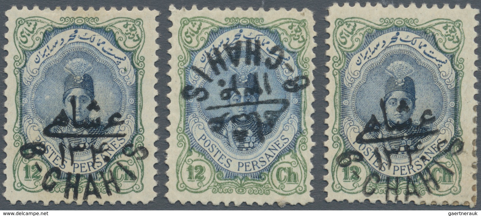 Iran: 1921, 6 Ch. On 12 Ch. Three Stamps Including Inverted Overprint, Mint Hinged With Gum Faults, - Iran