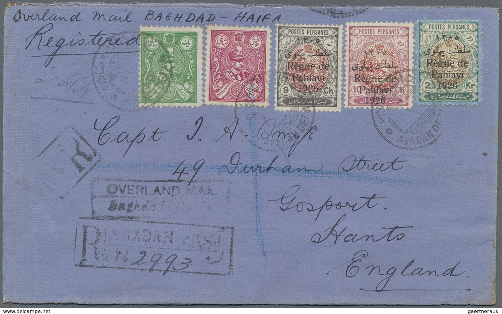 Iran: 1926, OVERLAND MAIL : 2 Kr. Silver Green Olivebrown, 10 Ch. Redlilac Redbrown, 9 Ch. Redbrown - Iran