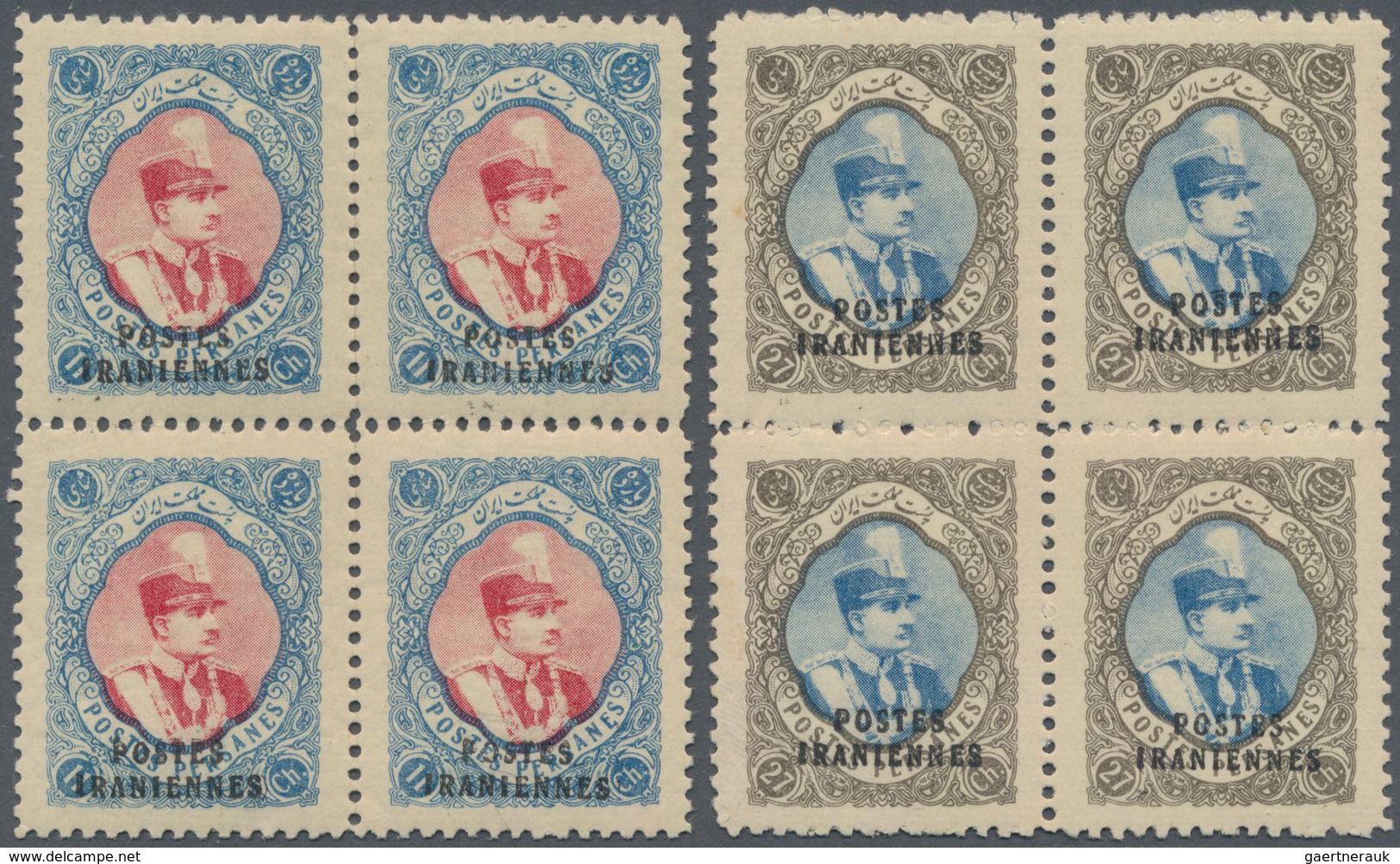 Iran: 1935, Shah Reza Pahlevi Three Overprinted Mint Never Hinged Blocks Of Four Up To 27 Ch. Greyol - Iran