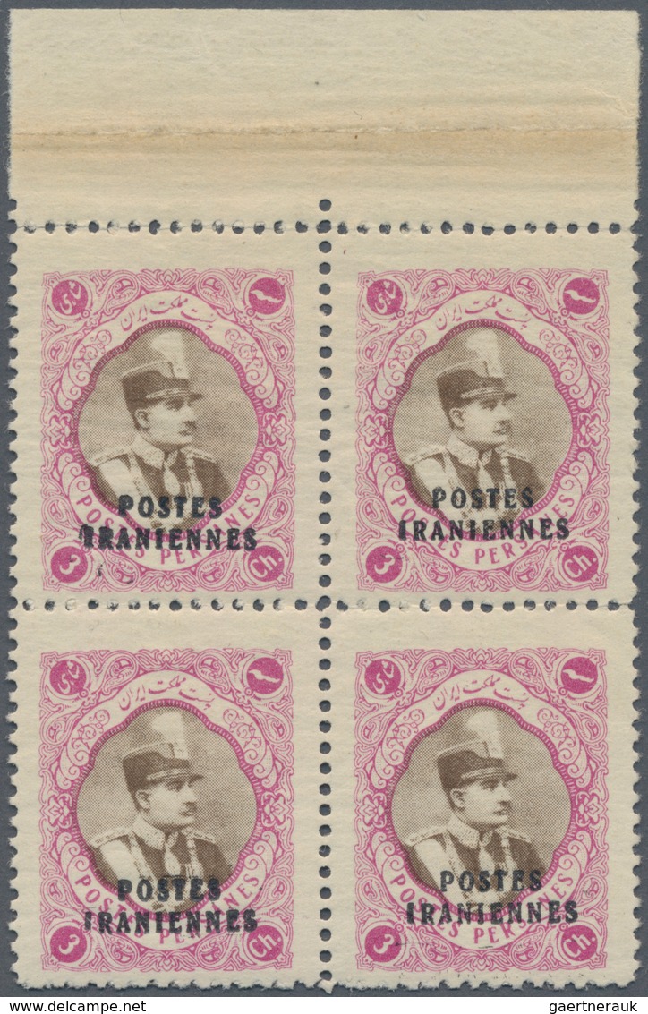 Iran: 1935, Shah Reza Pahlevi Three Overprinted Mint Never Hinged Blocks Of Four Up To 27 Ch. Greyol - Iran