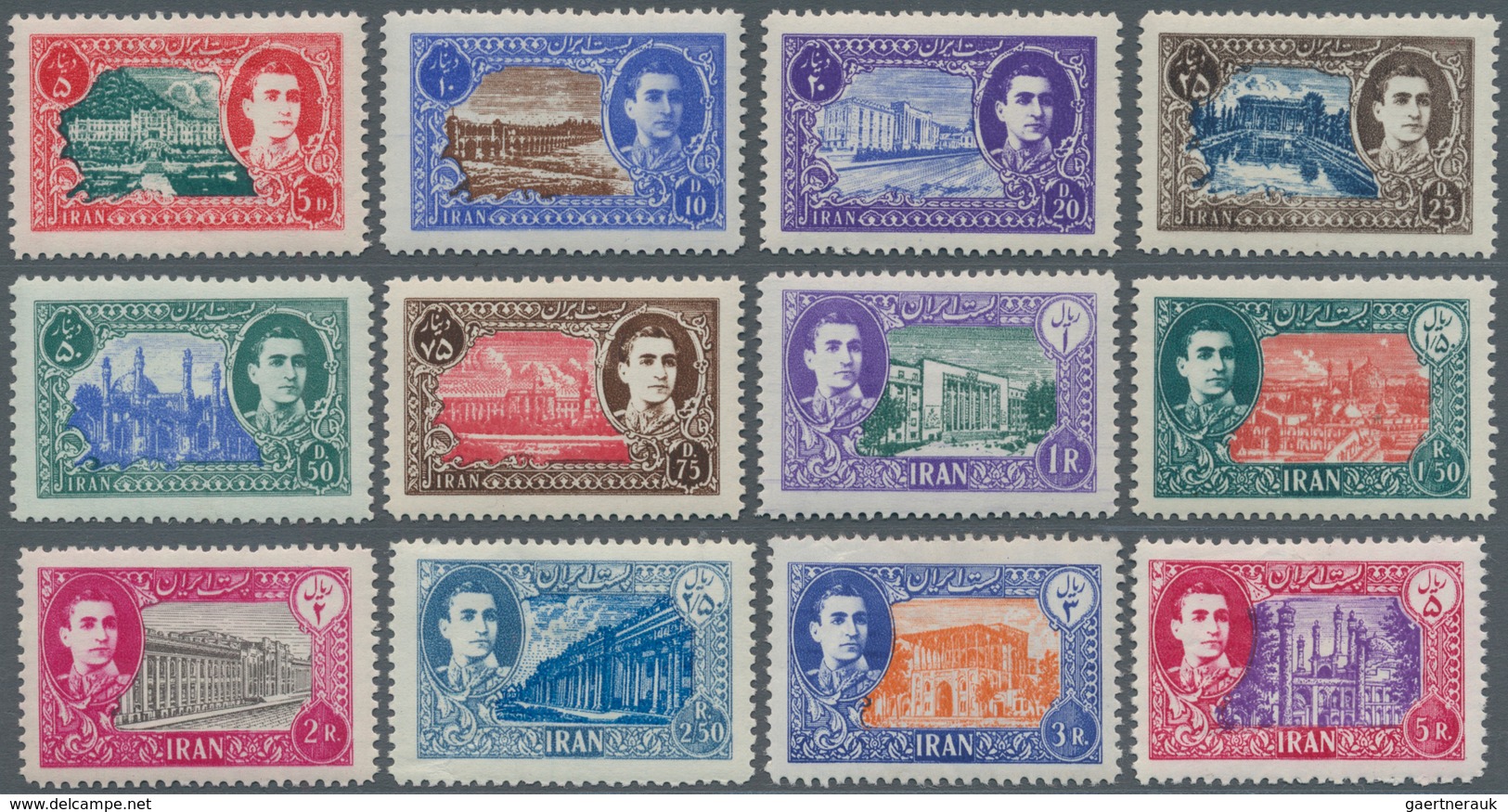 Iran: 1949/1950, Definitives Mohammad Reza Shah Pahlavi/Buildings, 5d.-50r., Fresh Colours And Well - Iran