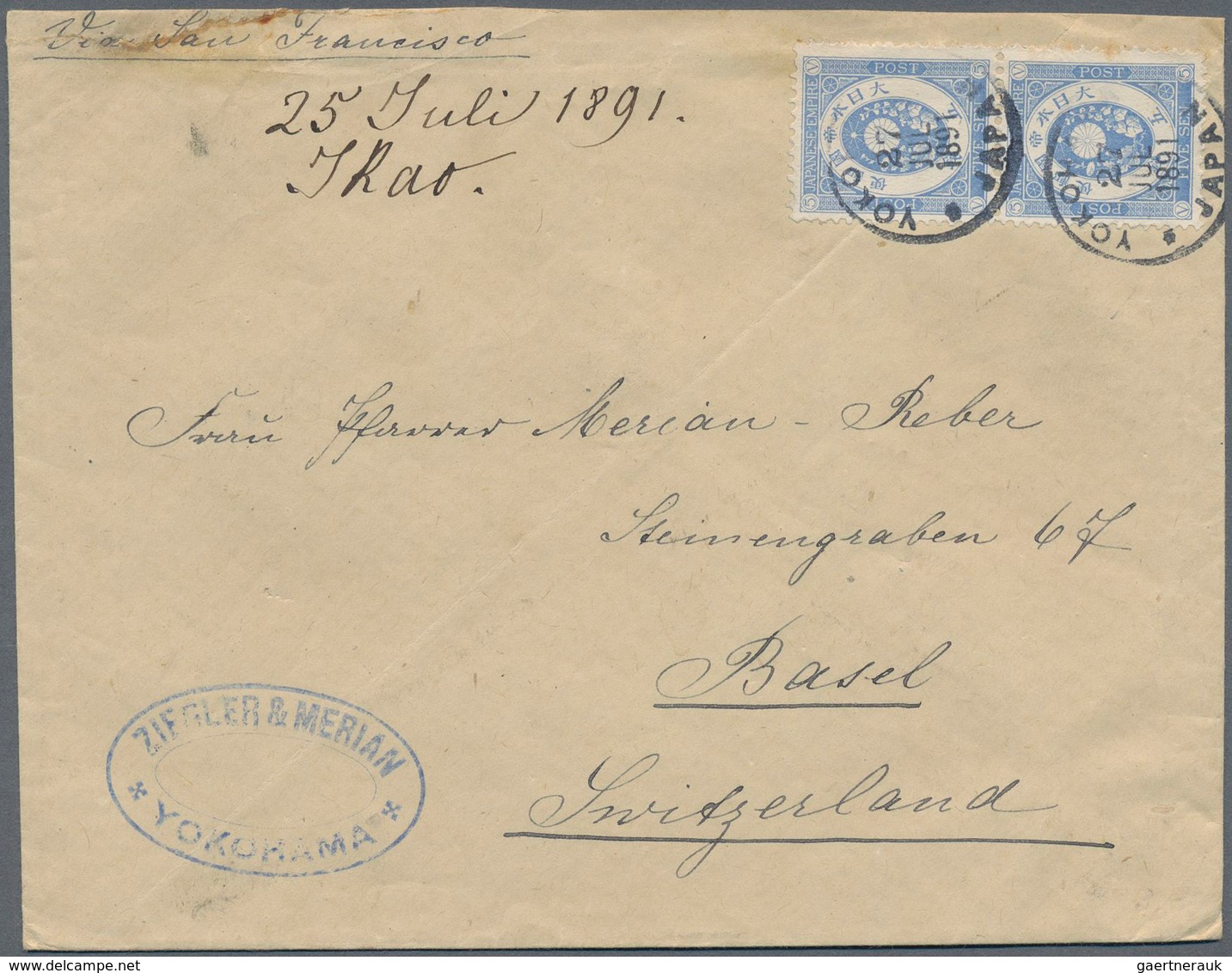 Japan: 1883/88, Merian Correspondence: Two Covers To Basel/Switzerland, UPU-Koban 5 S. Pair Tied 4-d - Andere & Zonder Classificatie