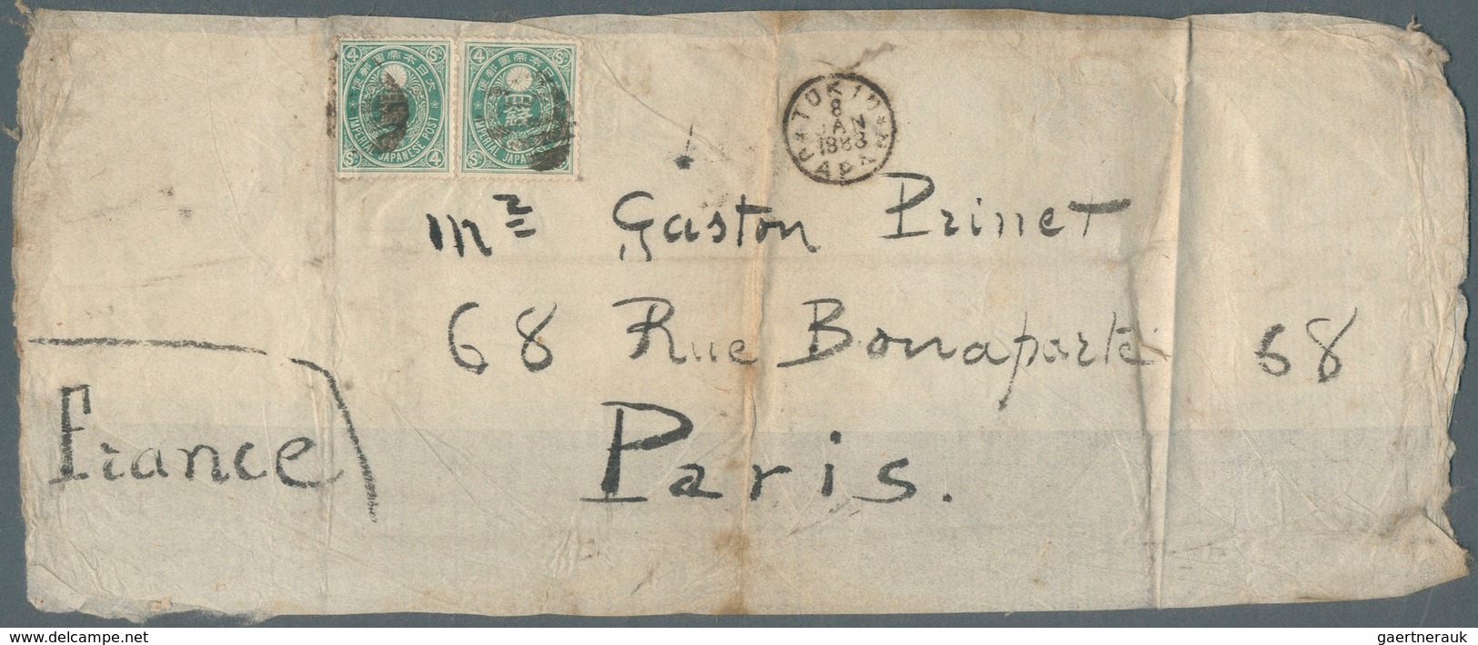 Japan: 1888. Rice Paper Wrapper Addressed To Gaston Pinet, Paris Bearing 'Koban' SG 82, 4s Green (pa - Andere & Zonder Classificatie