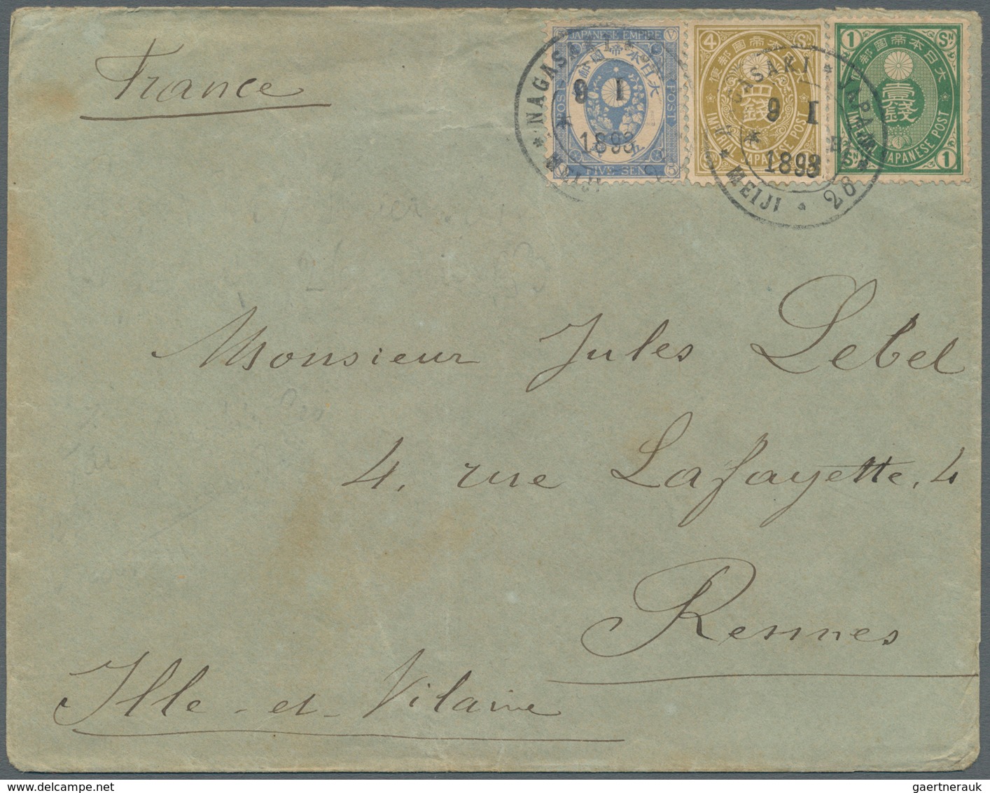 Japan: 1893. Envelope (small Faults) Addressed To France Bearing 'Koban' SG 113, 1s Green, SG 115, 5 - Otros & Sin Clasificación
