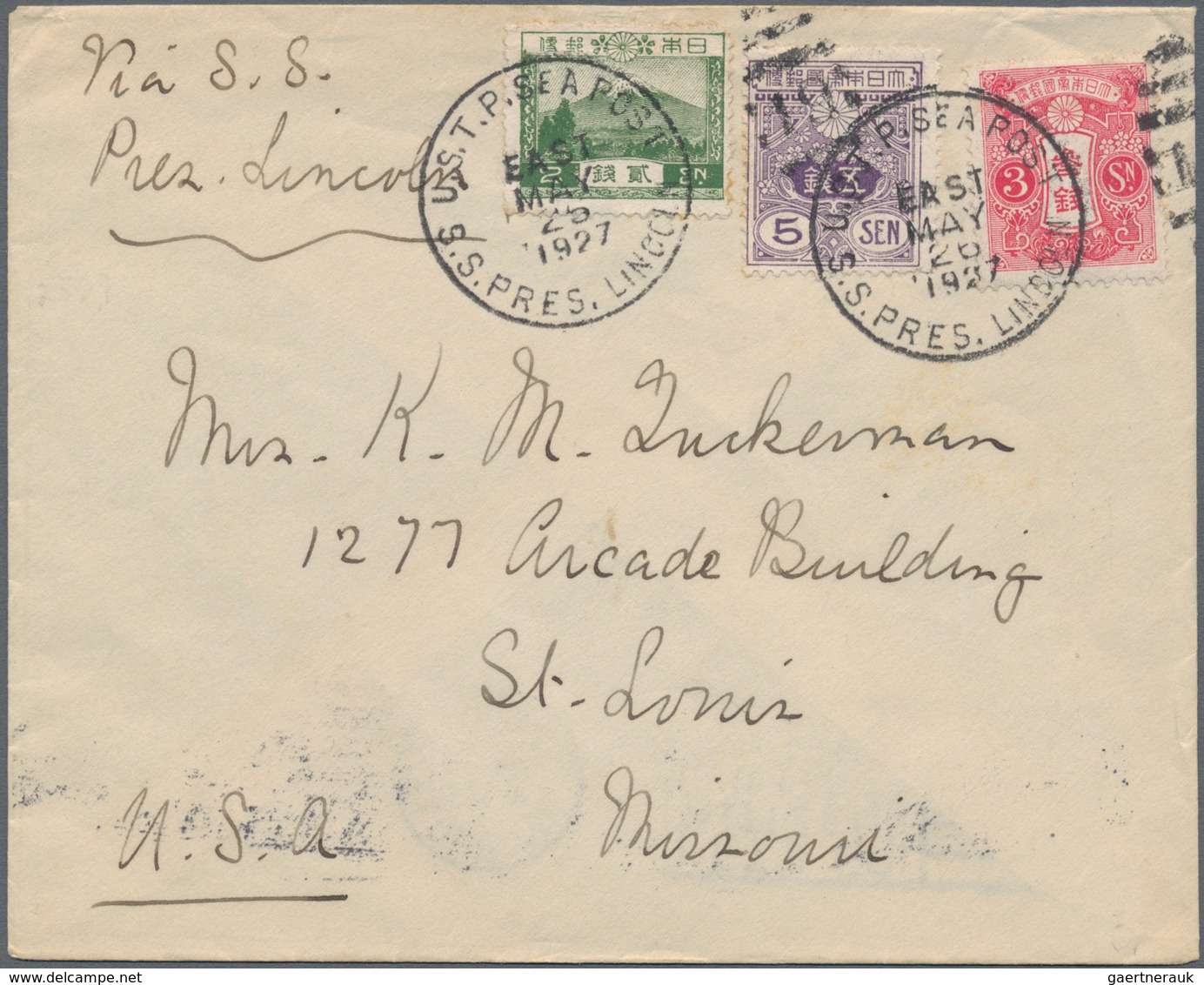 Japan: 1914/26, Three-colour Franking Tied Clear "U.S. T. P. SEA POST S. S. PRES. LINCOLN EAST MAY 2 - Otros & Sin Clasificación