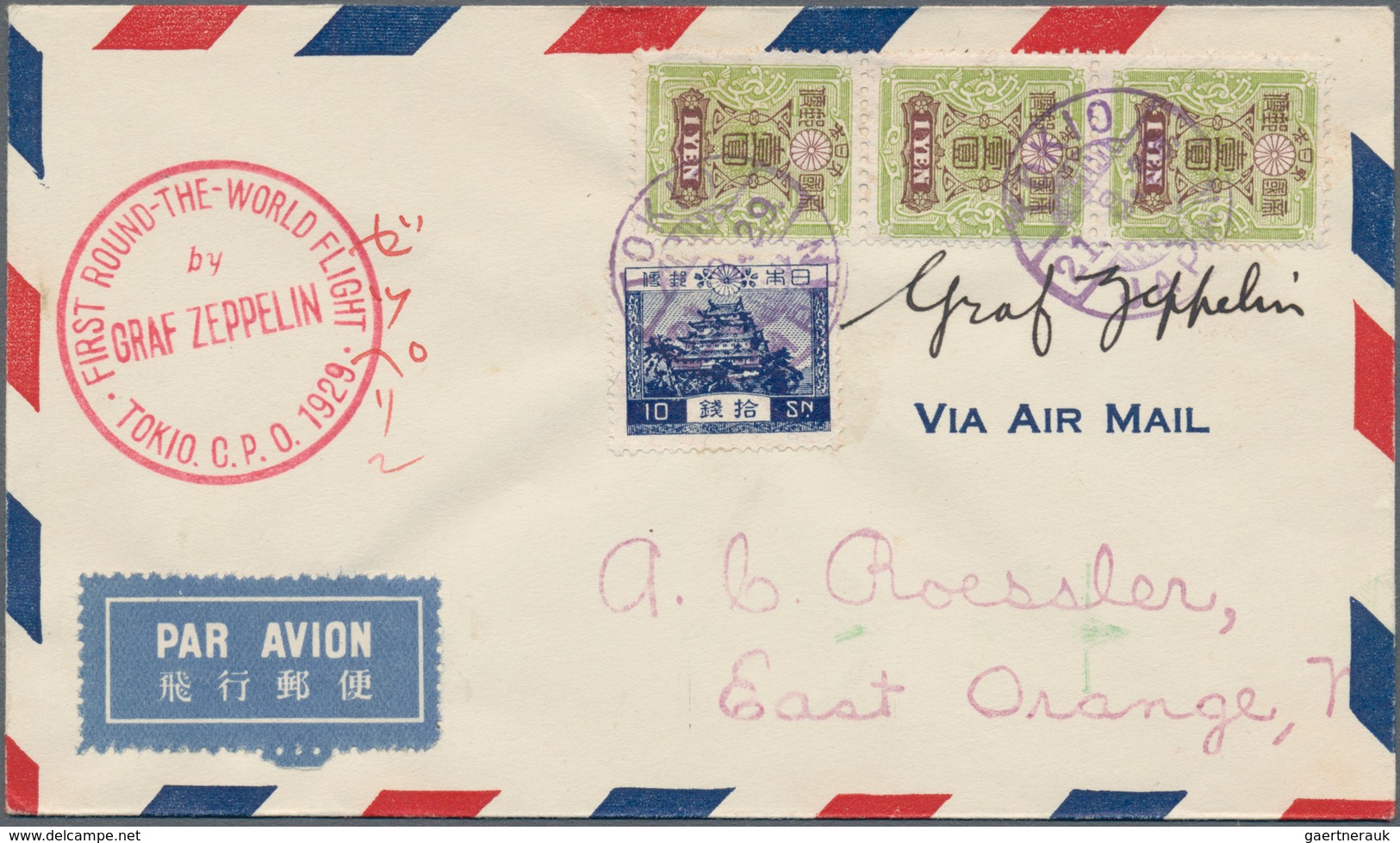 Japan: 1929, Zeppelin Round The World Flight, Over To USA, Franked Total Y3.10 Tied "TOKIO 21.8.29" - Other & Unclassified