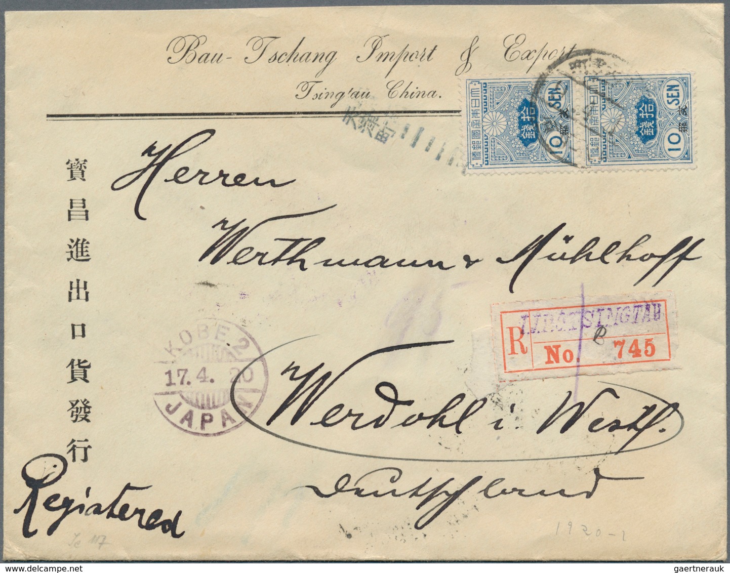 Japanische Post In China: 1914, Tazawa 10 S. (pair) Tied "Tsingtau-Tientsincho 9.4.13" (April 13, 19 - 1943-45 Shanghái & Nankín