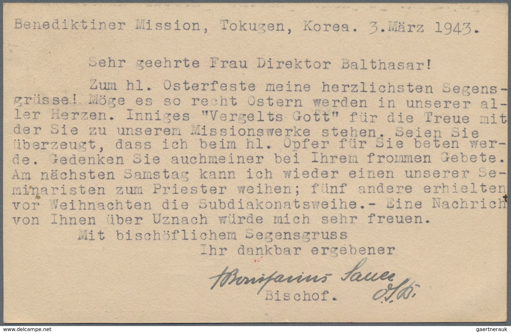 Japanische Post In Korea: 1940, UPU Card 10 S. Tied "Kannan.Tokugen 18.3.30" (Tokwon March 30, 1943) - Militaire Vrijstelling Van Portkosten