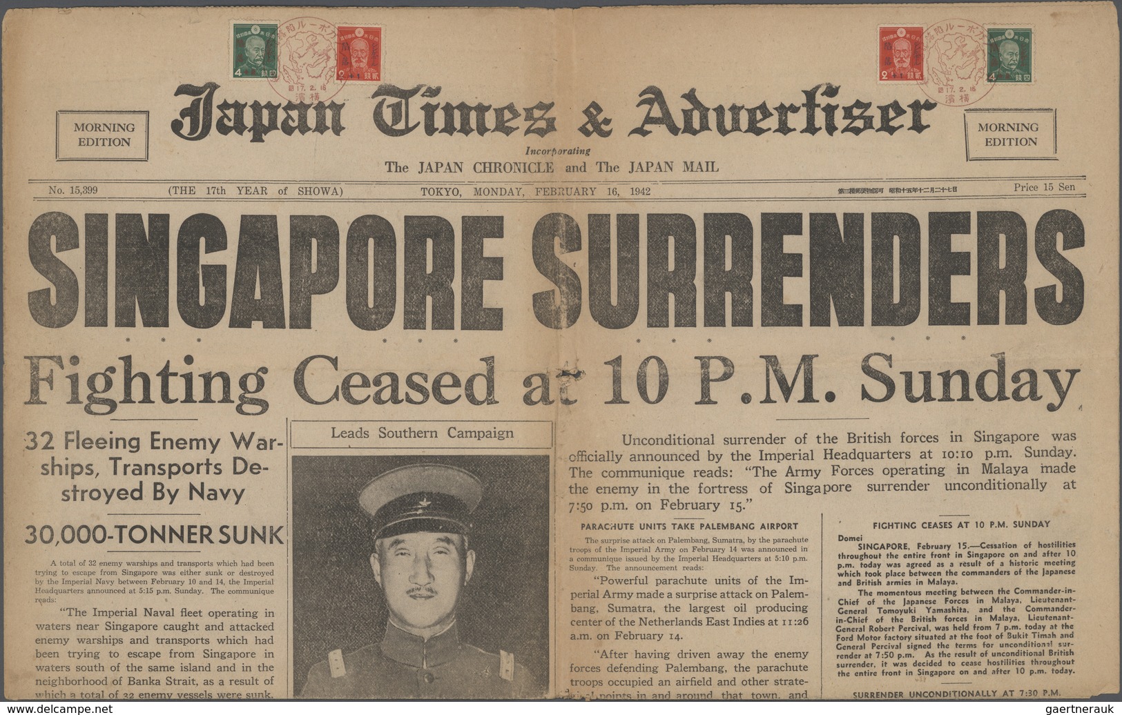 Japanische Besetzung  WK II - Malaya: 1942. 'Japan Times & Advertiser' Newspaper Dated 'Tokyo Monday - Malaysia (1964-...)