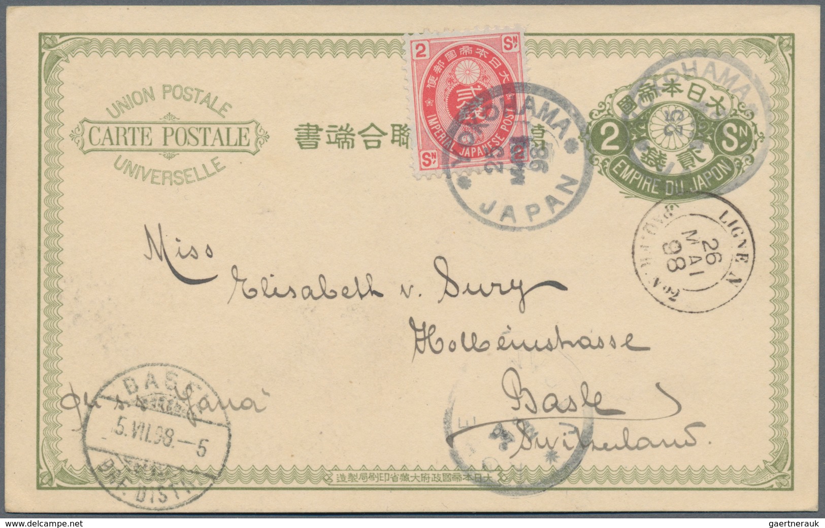 Japan - Ganzsachen: 1892, Destination Switzerland: UPU Cards 2 S. Olive (2) Resp. 3 S. Green (1) Eac - Postkaarten