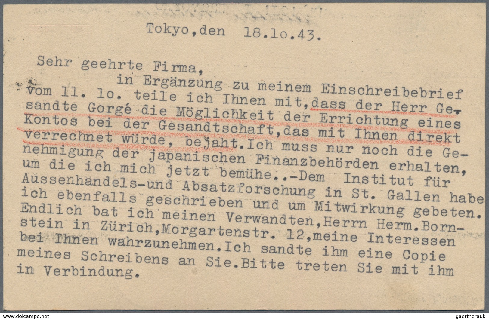 Japan - Ganzsachen: 1940, UPU Card 10 S. Tied "IMPERIAL HOTEL P.O. TOKYO 27.10.43" To Olten/Switzerl - Postkaarten