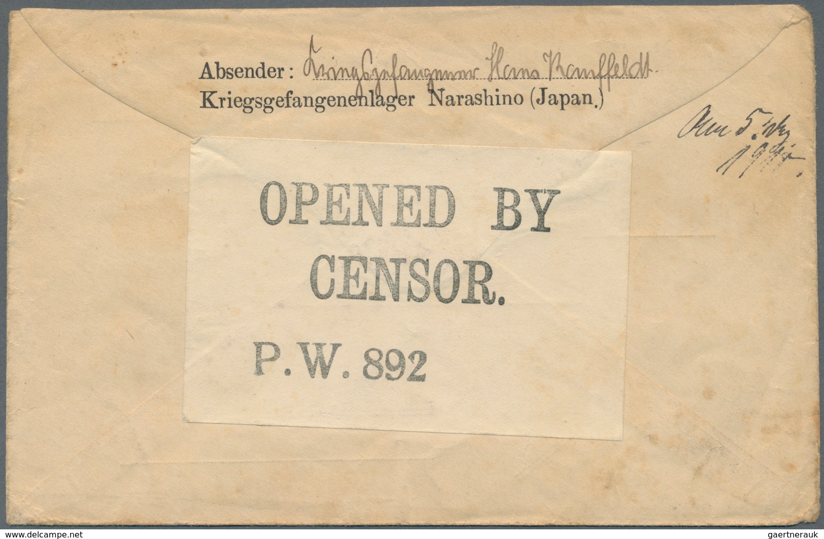 Lagerpost Tsingtau: Narashino, 1918/19, camp-made envelopes types I (top reduced), II, III. And a ca
